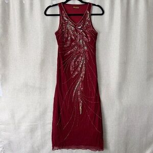 Beaded Maroon Tulle Mesh Dress Size S